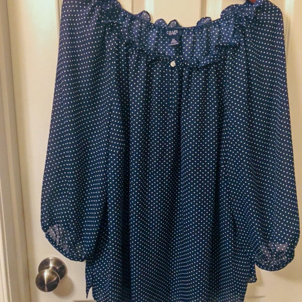 NWOT Chaps Navy Blue and White Polka Dot Blouse